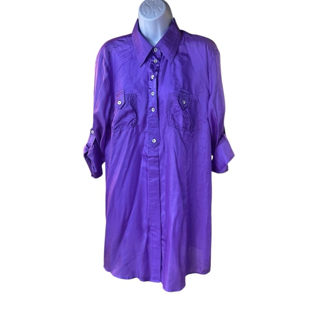 Cache Purple Silk Tunic Blouse Button Front Roll Tab Sleeves Size L